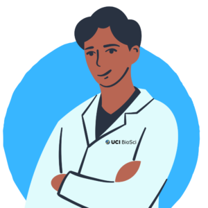 icon of male research student in white coat with blue background