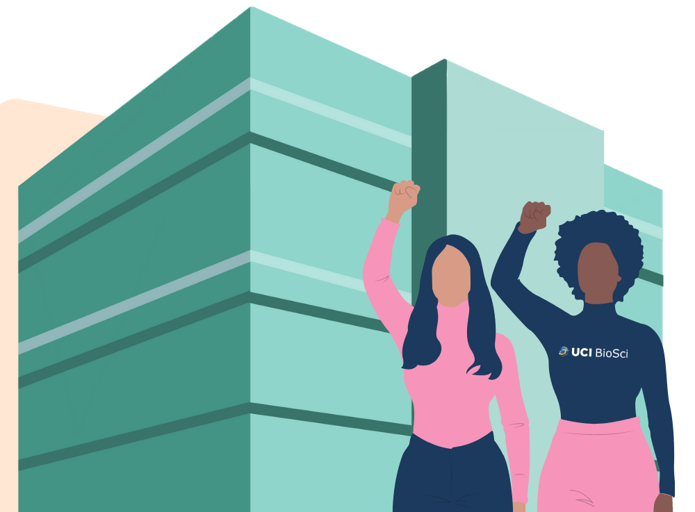 Graphic of 2 women standing in front of the UC Irvine building, McGaugh Hall, with fists pumped up in the air.