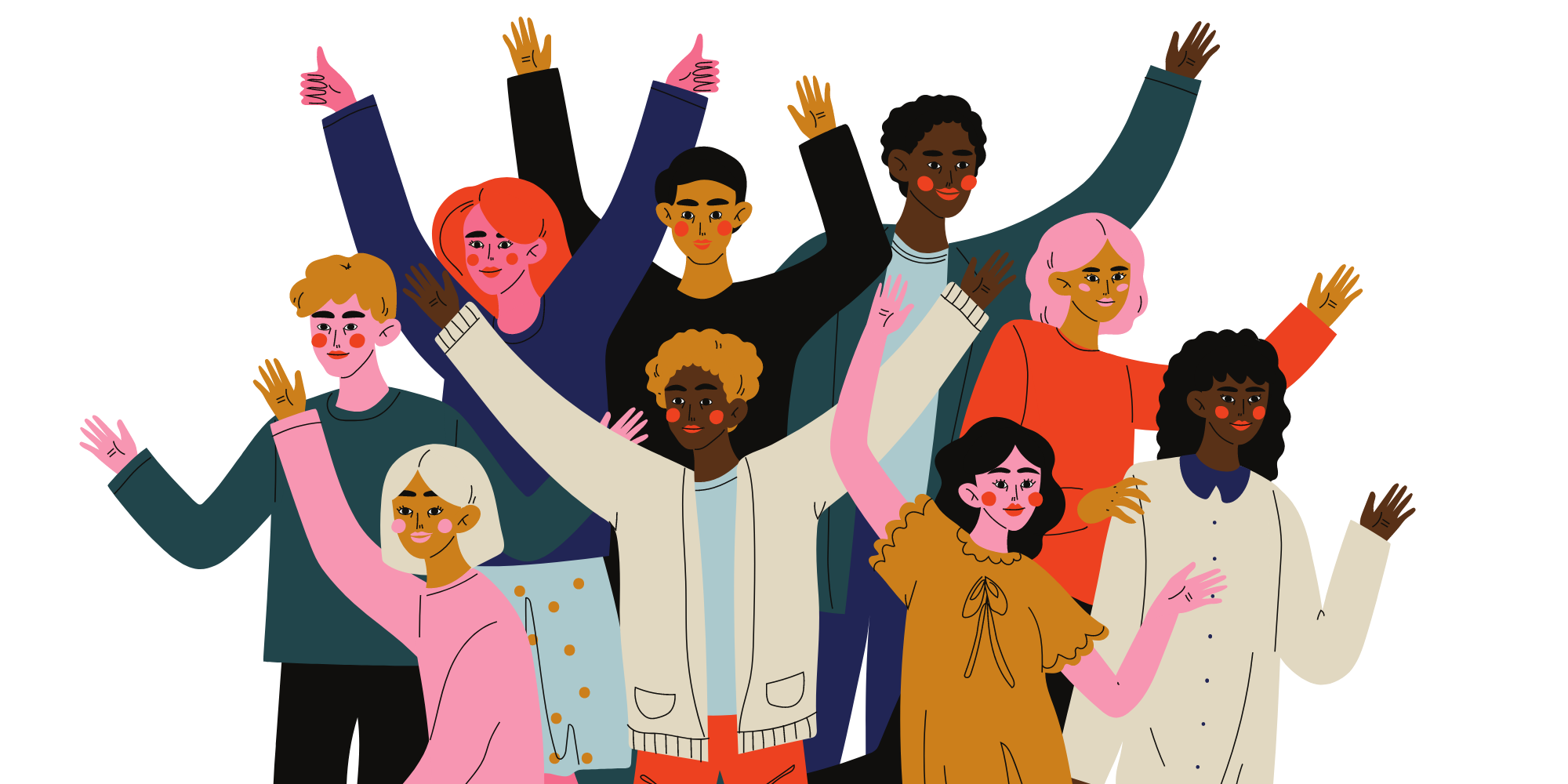 Graphic diversity image - 9 diverse happy people with hands up