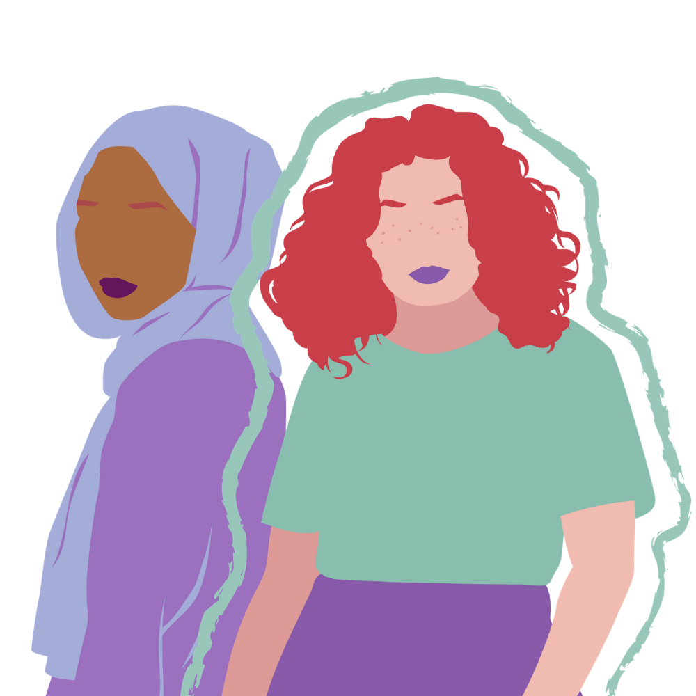 Two graphic women standing together. The women on the left is wearing a purple hijab and the women on the right has red hair and freckles, is wearing a green top, and is outlined in a mint green paintbrush like stroke.