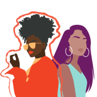 2 graphic Black women standing back to back. Women on the left is wearing sunglasses, red sweater, and outlined in a red paint brush like stroke. The women on the right has purple hair, hoop earrings, and a blue sleeveless top.
