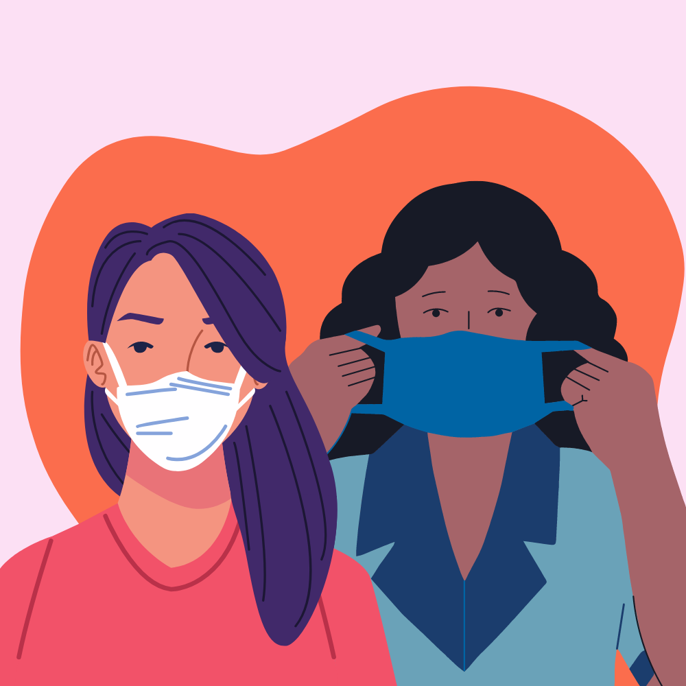 Two women with face masks on.