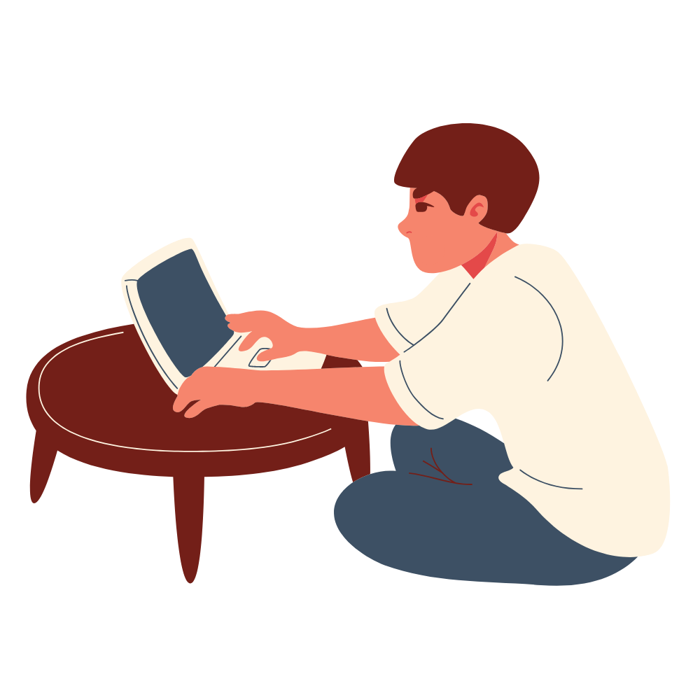 Graphic image of a man sitting on the floor in front of a coffee, looking and typing on a laptop.