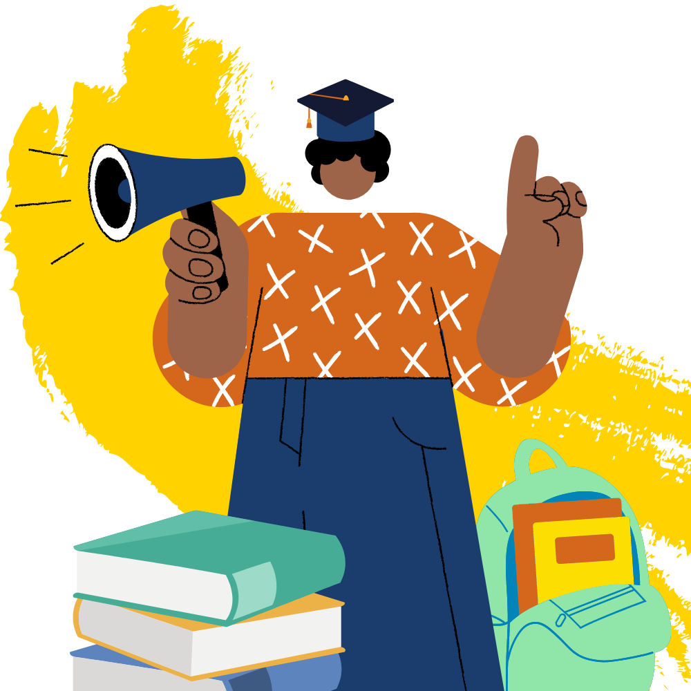PROMISE Graphic: student with megaphone, school books, and a backpack.