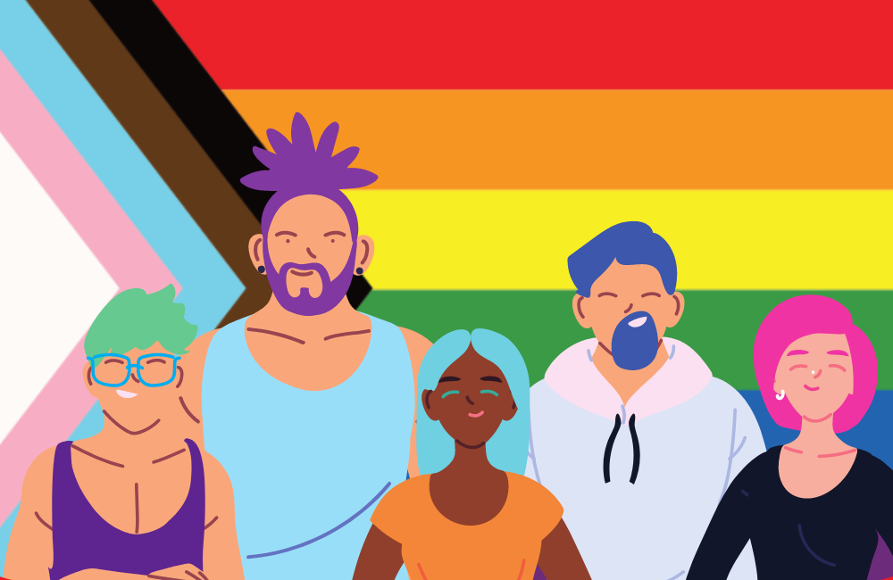 5 graphic diverse figures smiling and standing in front of the rebooted pride flag by Daniel Quasar.