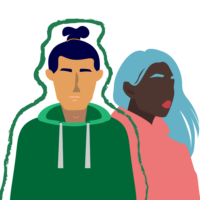 2 graphic figures standing together. The man on the left is Asian, wearing a green sweater, and outlined in a green paintbrush like stroke. The woman on the right is black, has blue hair, and is wearing a pink sweater.