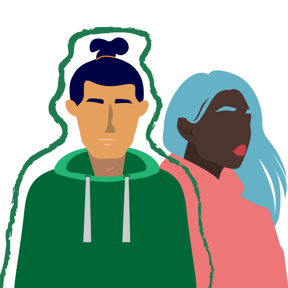 2 graphic figures standing together. The man on the left is Asian, wearing a green sweater, and outlined in a green paintbrush like stroke. The woman on the right is black, has blue hair, and is wearing a pink sweater.
